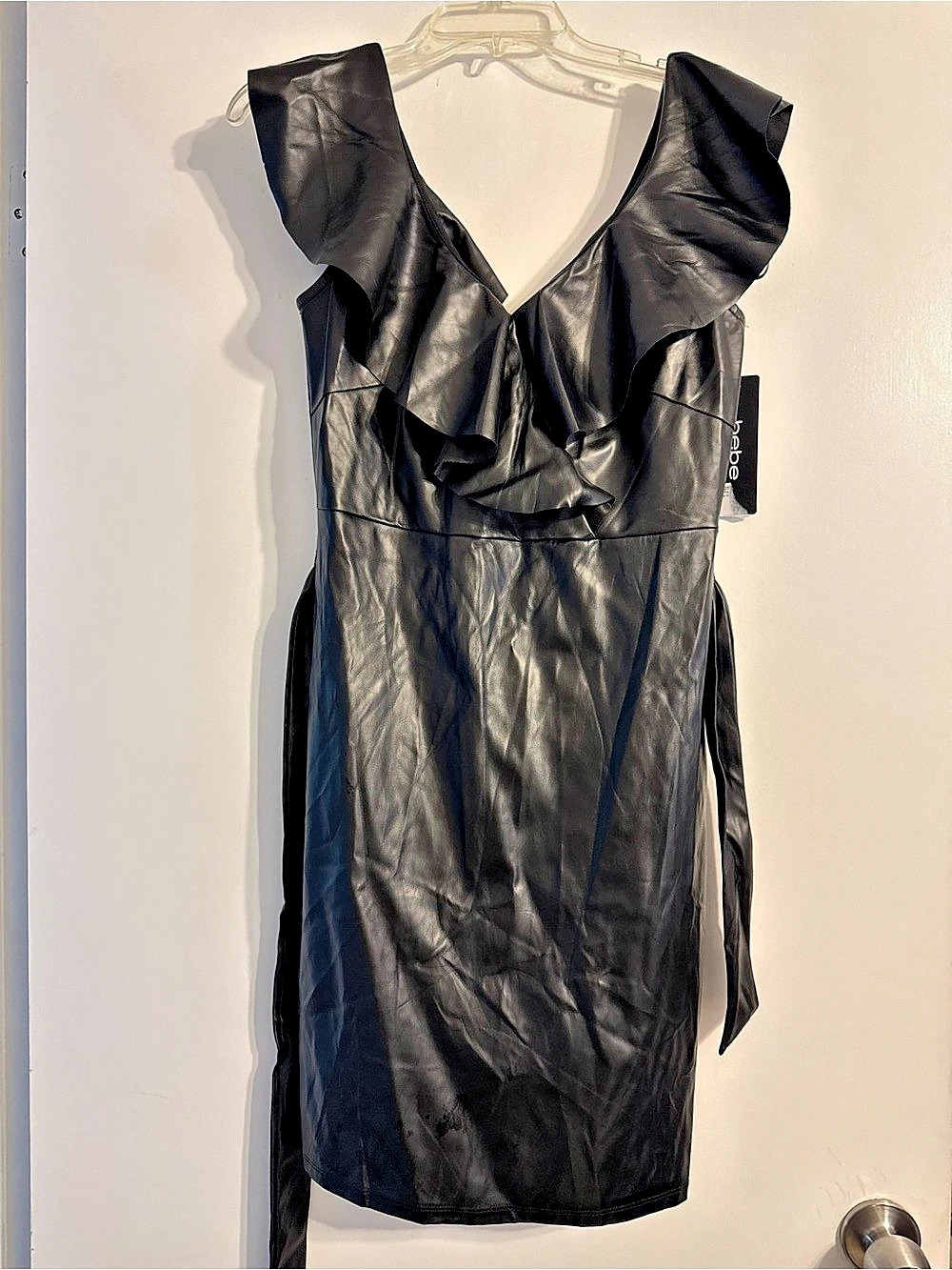 bebe Vegan Leather Ruffle Wrap Dress in Black Size Medium